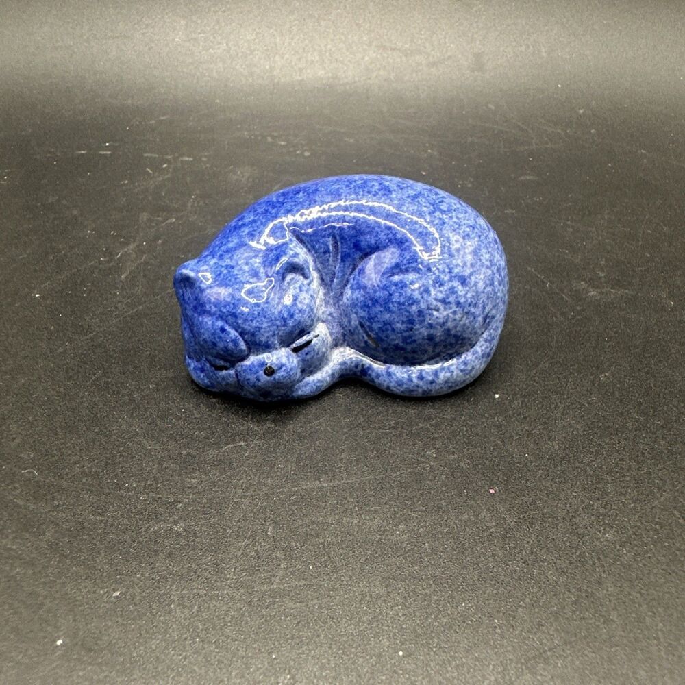 Vtg Enesco "Are You Sleeping" Blue Spongware Ceramic Kitty Figurine 2"  1984
